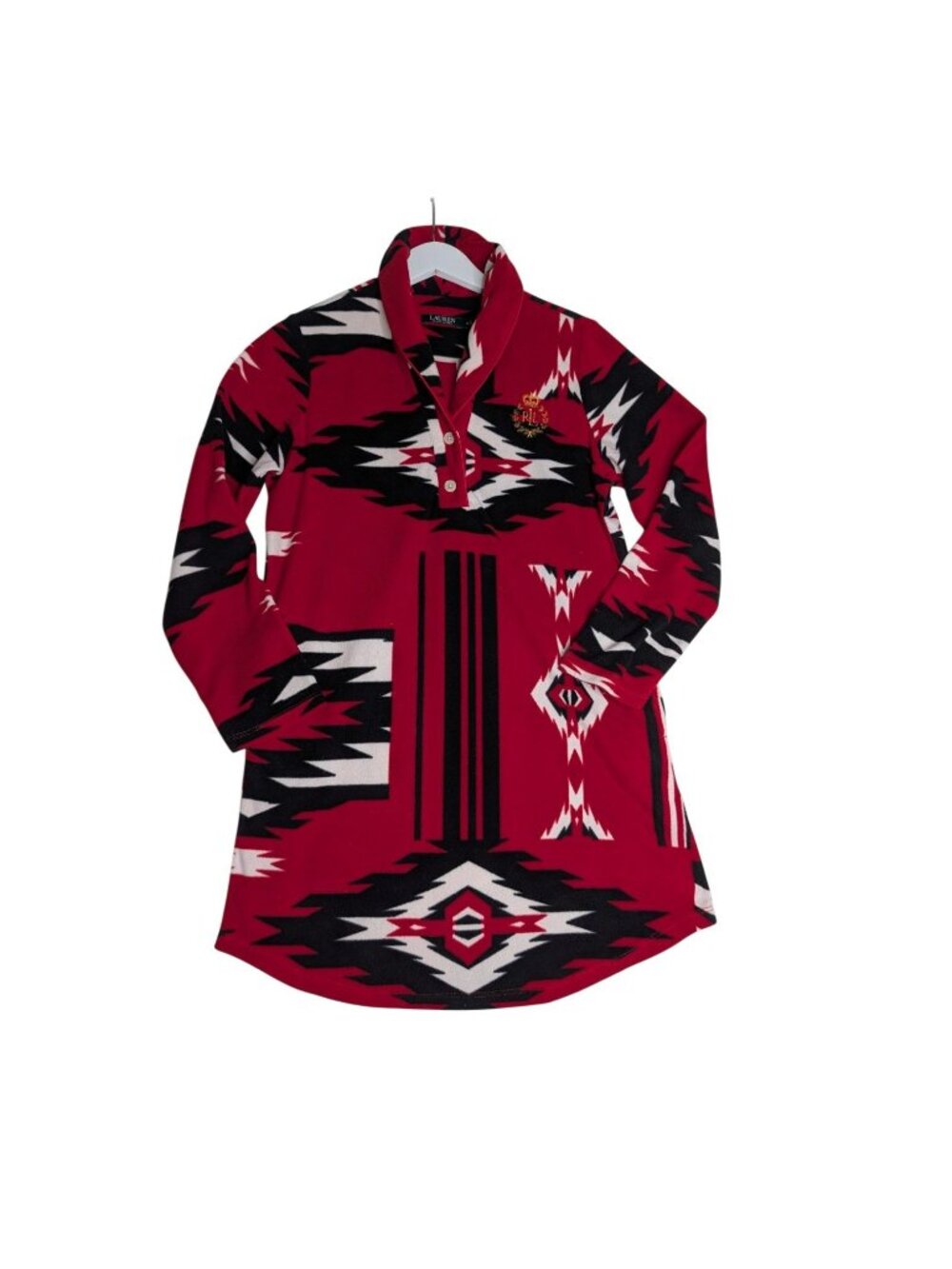 Ralph Lauren Red Aztec Fleece Nightgown Sz M Pockets & Embroidered Crest Logo - Picture 10 of 12
